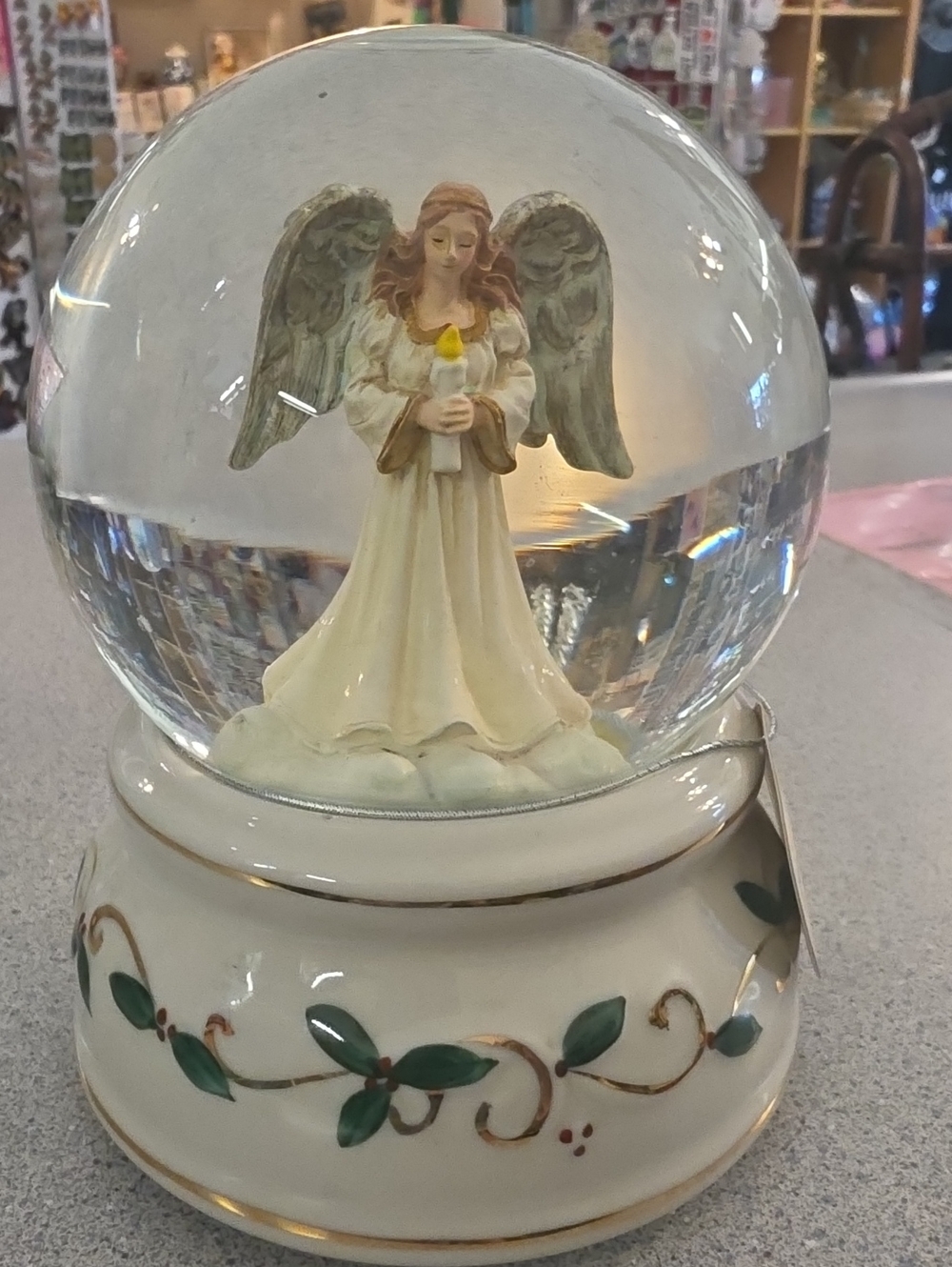 Roma Musical Water Globe with Cream Base and Green Leaf Motif